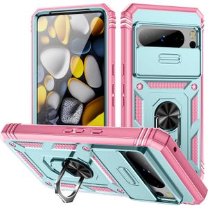 for Google Pixel 8 Pro Case Military Grade Drop Shock Protection Cell Phone Cover with Slide Camera Cover Built-in 360 Rotate Ring Stand for Pixel 8 Pro 6.7 - Pink