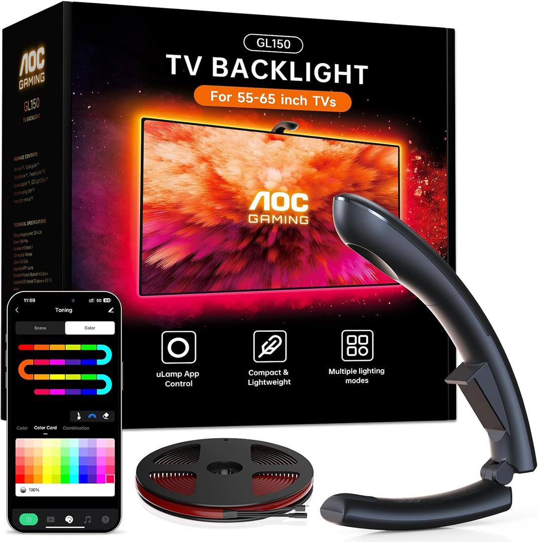 AOC TV LED Backlight, TV Lights That Change with TVs for 55-65 inch Screen, RGB Strip Lighting with Sensor, Syncs Behind The Monitor, Smart App Control, Movie Game Music & DIY Mode, 14.8FT