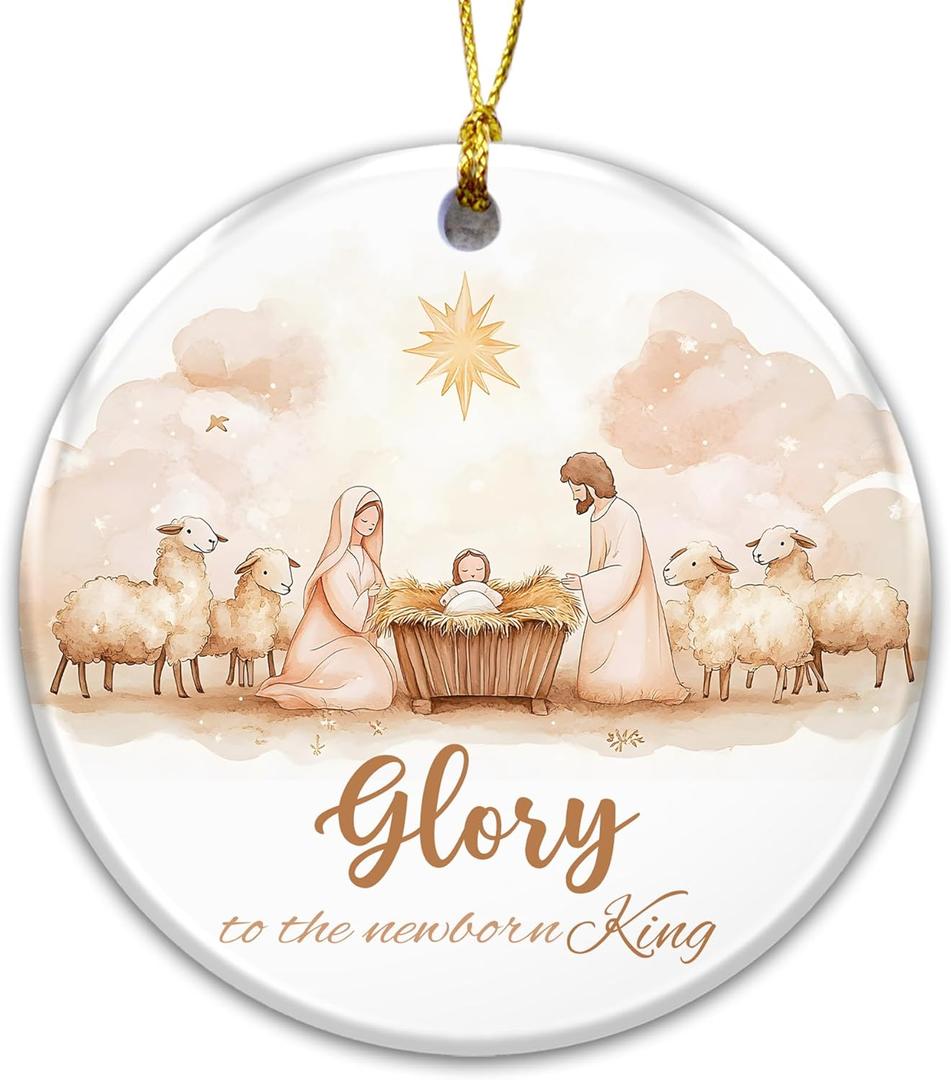 4 x Holy Family Ornament with Baby Jesus, Mary & Joseph, Glory to The Newborn King Nativity Ornament  Christian Religious Christmas Tree Decoration  Faith Decor for Believers, Church