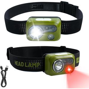 2 x Himalaya LED Headlamp Flashlight, Green Head Lamp with White Red Light, Lightweight Waterproof IPX64 Headlight with Comfortable Headband for Camping Hiking Running Work Travel