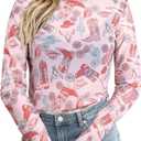 Western Mesh Top Women See Through Cowboy Shirt Mock Neck Country Concert Outfits Layering Sheer Long Sleeve Tops (S)