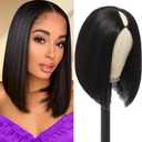 V Part Wig Human Hair Bob Glueless Wigs Human Hair Clip In Upgrade U Part Human Hair Wig with Drawstring Beginner Friendly Natural Black 10inch