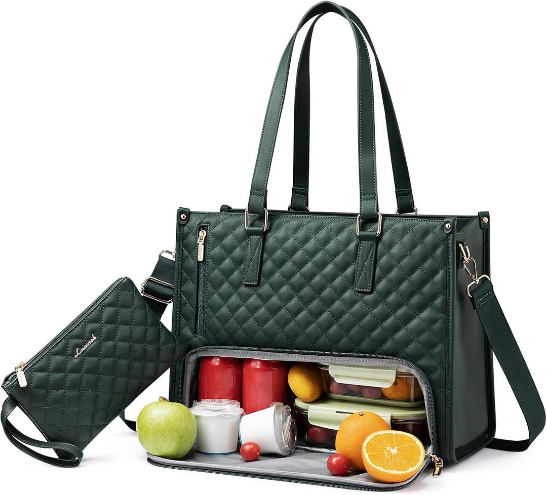 LOVEVOOK Lunch Tote Bag for Women, 15.6 Inch Laptop Bag with Insulated Lunch Compartment, Quilted Large Capacity Computer Handbag with Purse for Business, Work, Nurse, Collage, Office, Casual, Green