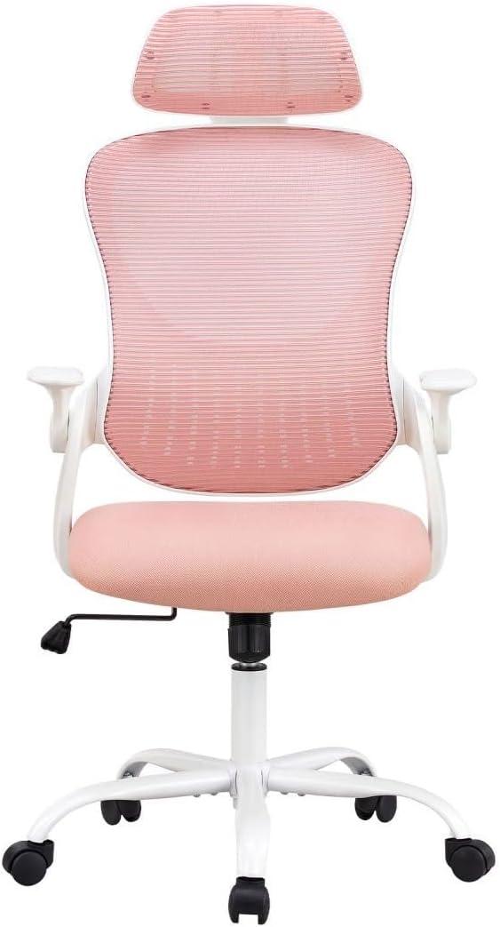 Office Chair, Ergonomic Desk Armchairs with Adjustable Lumbar Support and Flip up Armrest, High Back Rolling Mesh Taskchair with Swive for Home, Gaming, Pink
