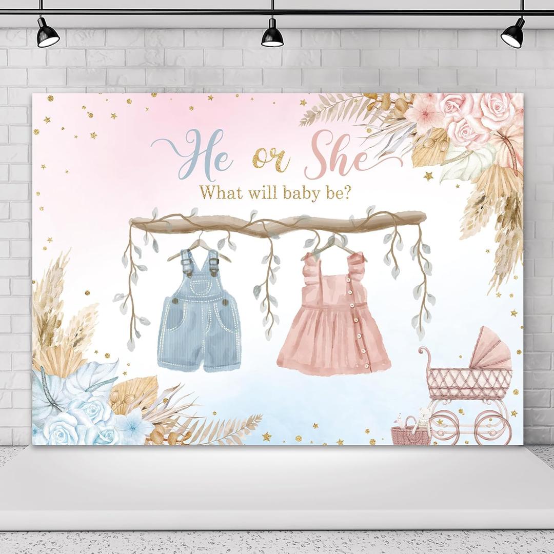Omifly Gender Reveal 7Wx5H Backdrop for Photography Baby Shower He Or She Pink Blue Watercolor Floral Cute Golden Dots Background Party Decorations Cake Table Banner Decor Photo Booth Studio Props