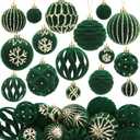 Soulchen 36 Pcs Hunter Green Velvet Christmas Balls Ornaments Set Flocked Shatterproof Plastic Christmas Ornaments Vintage Glitter Ball Decoration for Xmas Wreath Garland Mantle Stairs Railing