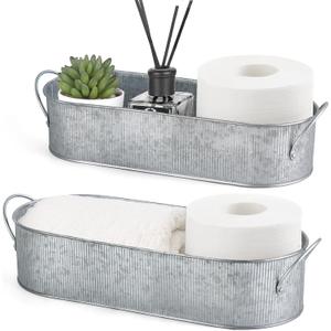 Mkono Metal Storage Basket for Toilet Tank Top Bathroom Decor, Galvanized Tray with Handle for Shelves, Farmhouse Toilet Paper Holder Organizing Bin Box for Countertop Living Room, Set of 2, Silver