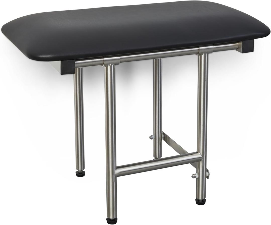 Seachrome 18" x 15" Black Padded Cushion Folding Wall Mount Bench Shower Seat with Legs, ADA Compliant