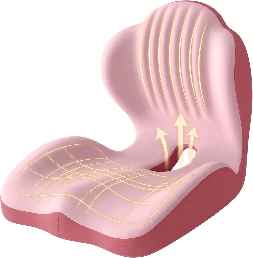 Ergonomic Seat Memory Foam Support Cushion for Back, Car Seat Back Support Cushion for Sciatica Tailbone Pain, Office Desk Chair Car Travel Seat Cushion (Pink), Medium
