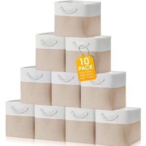 FoldTier 10 Pack Large Collapsible Fabric Storage Baskets with Handles Decorative Storage Bins for Organizing Shelves Toys Clothes(White & Beige,12 x 12 x 12 Inches)