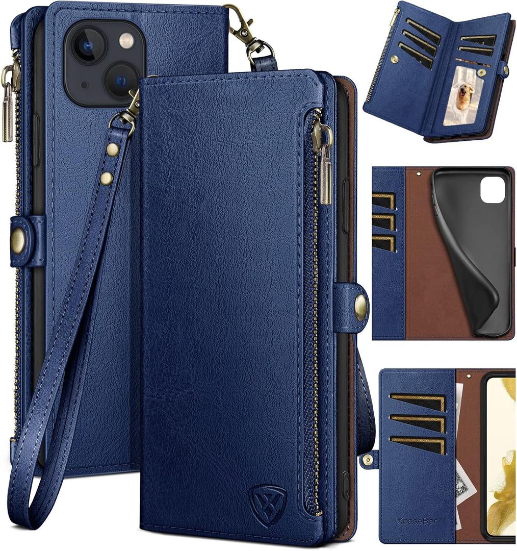 XcaseBar for iPhone 13 6.1" Wallet case with Zipper Credit Card HolderRFID Blocking, Flip Folio Book PU Leather Phone case Shockproof Cover Women Men for Apple 13 case Blue