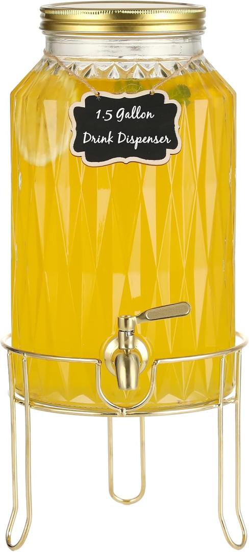 1.5 Gallon Glass Drink Dispenser with Stand  Large Beverage Dispenser with Stainless Steel Spigot, Chalkboard Tags & Marker  Glass Water Dispenser for Fridge, Parties, Weddings and Home Use,Glod