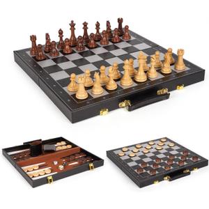 3 in 1 Magnetic Chess Set & Checkers Backgammon Board Game Set, 15" Wooden Folding Chess Board, Tournament Portable Travel Chess Set, Beginner Chess Board Game for Adults & Kids