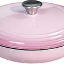 Flavehc Braiser Enameled Cast Iron Braiser 2.25 qt Braiser Pan with Lid Pink Shallow Cast Iron Casserole Braiser Pan with Handles