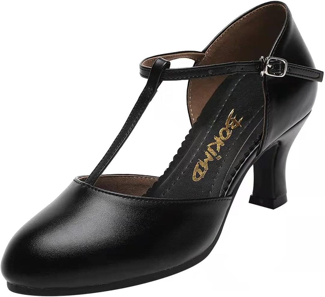 Women's T-Strap Latin Salsa Dance Heels Non-Slip Ballroom Character Shoes Wedding Prom Pumps (7.5, Black)