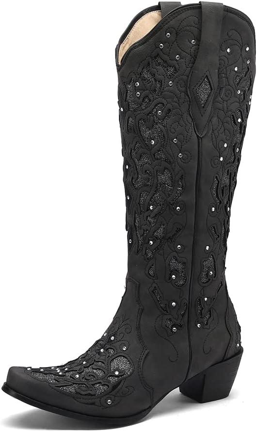 Tscoyuki Women's Rhinestones Western Knee High Boots, Embroidery Pointed Toe Chunky Block Heel Cowboy Cowgirl Mid Calf Boots with Pull On Taps (4, Black)