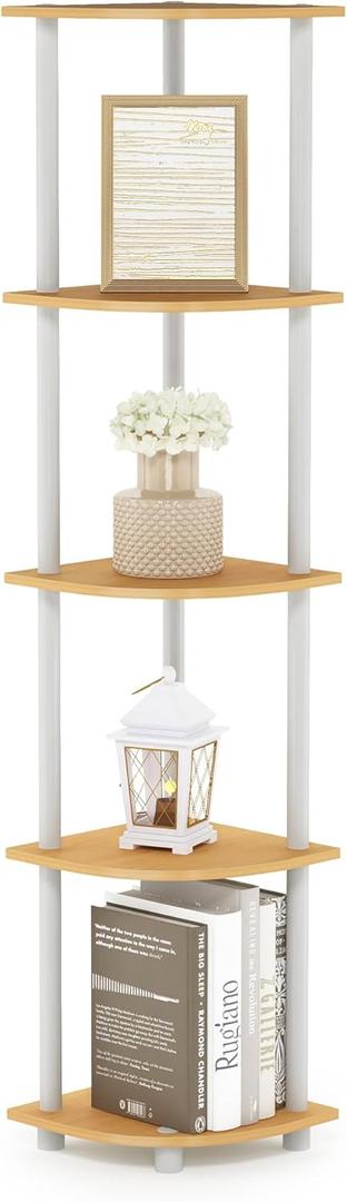 Furinno Turn-N-Tube 5 Tier Corner Display Rack Multipurpose Shelving Unit, 1-Pack, Beech/White