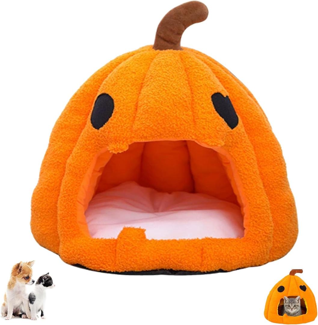 Halloween Cat Bed, 2025 Pumpkin Cat House, Dog,Cat Bed for Animals, Pomeranian, Chihuahua, Kitten (Orange, L)