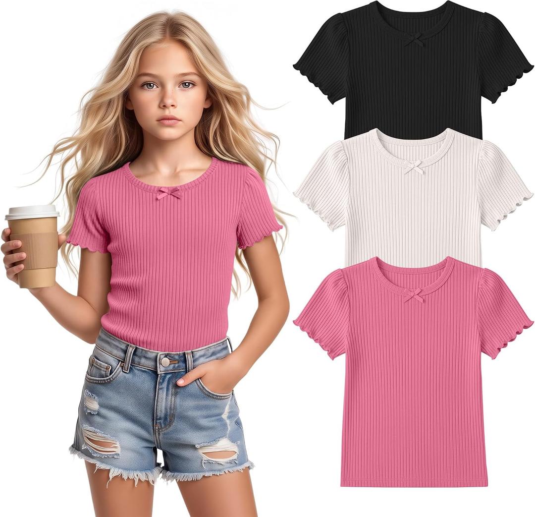 3 Pack Girl's Short Sleeve T-Shirts Cotton Ribbed Back to School Tops Crewneck Kids Puff Lettuce Trim Bow Tees