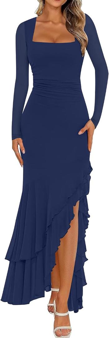 BORIFLORS Women's Bodycon Ruched Mesh Long Sleeve Maxi Dress Mermaid Ruffle Formal Cocktail Party Long Dresses (Blue, S)