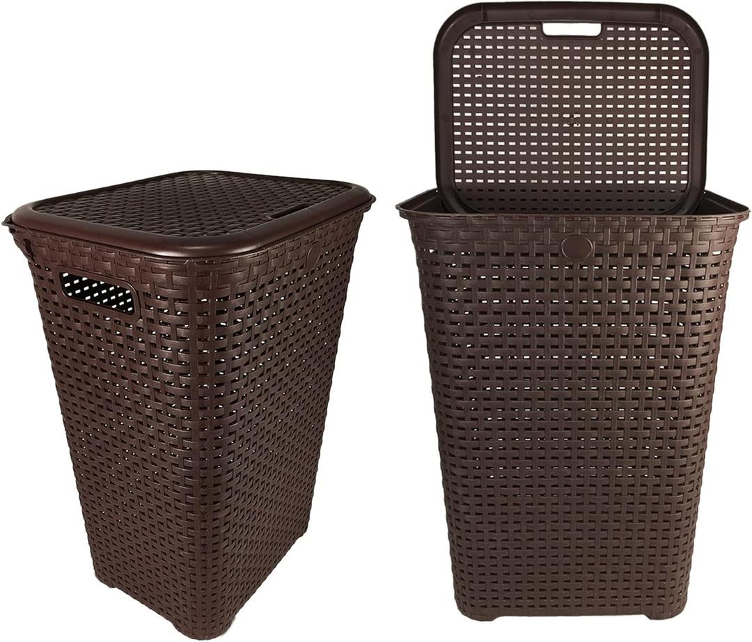 Elly dcor Set 2 Rattan 12 gallons Tall Plastic Laundry Hamper, Laundry Basket with Cutout Handles, Washing Bin, Dirty Clothes Storage, Bathroom, Bedroom, Closet, 48 lts Chocolate
