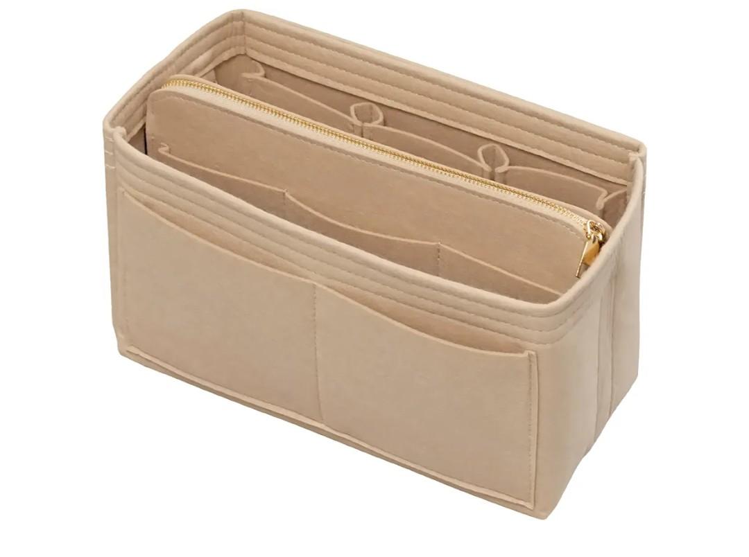 Purse Organizer Insert with Zipper Felt Bag Organizer Handbag Organizer Insert Bag in Bag Organizer with Key Chain for Tote Purse Bag Beige Small