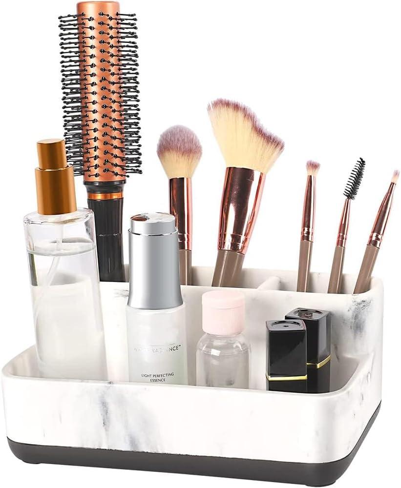 zccz White Marble Design Makeup Organizer - Bathroom Counter Storage for Toothbrushes and Cosmetics - Anti-Slip Cabinet Holder with 4 Compartments - Ideal Vanity Accessory for Organizing Essentials