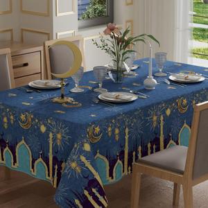XCHI Green Castle Golden Lantern Stars and Moons Ramadan Mubarak Tablecloth Rectangle Table Cloth Table Covers for Indoor Dining Home Party Decorations 60x84 Inch