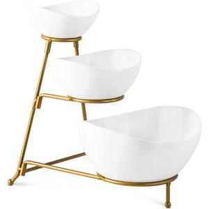Gomakren 3 Tiered Oval Serving Bowl With Collapsible Metal Rack, Chip and Dip Serving Set, Dessert Appetizer, Candy, Fruit, Vegetable Bowl Set, White Serving Bowls For Entertaining, (Gold Stand) (Golden Stand)