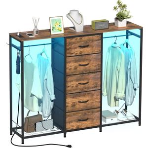 Dresser for Bedroom with Clothes Rack 5 Drawer Dresser with Charging Station LED Lights White Chest of Drawers Flexible Shelf and Open Storage Space for Bedroom Living Room (Brown)
