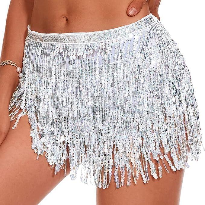 Belly Dance Sequin Tassel Skirt Hip Scarf Belt Mini Skirt Festival Rave Clothing for Women (Silver)