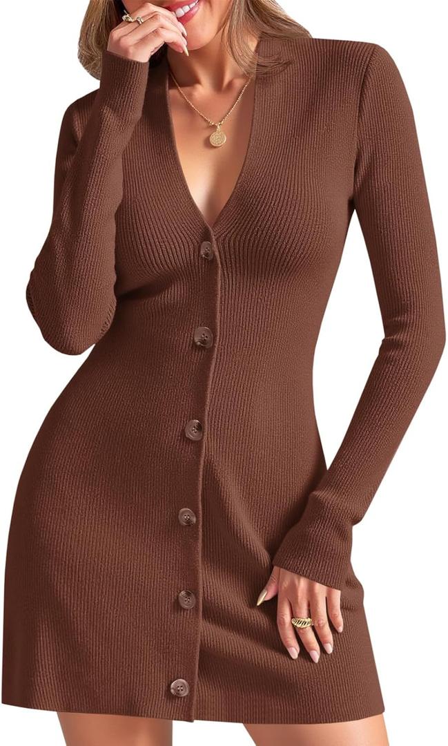 Wenrine Womens Deep V Neck Sweater Dress Sexy Knit Button Down Long Sleeve A Line Fall Mini Dresses (Medium, Coffee)