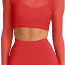 LASLULU Womens Long Sleeve Double Lined Tops Sexy Sheer Mesh Compression Shirts Tight Athletic Workout Shirts Yoga Dance Bra Tops(Red Large)