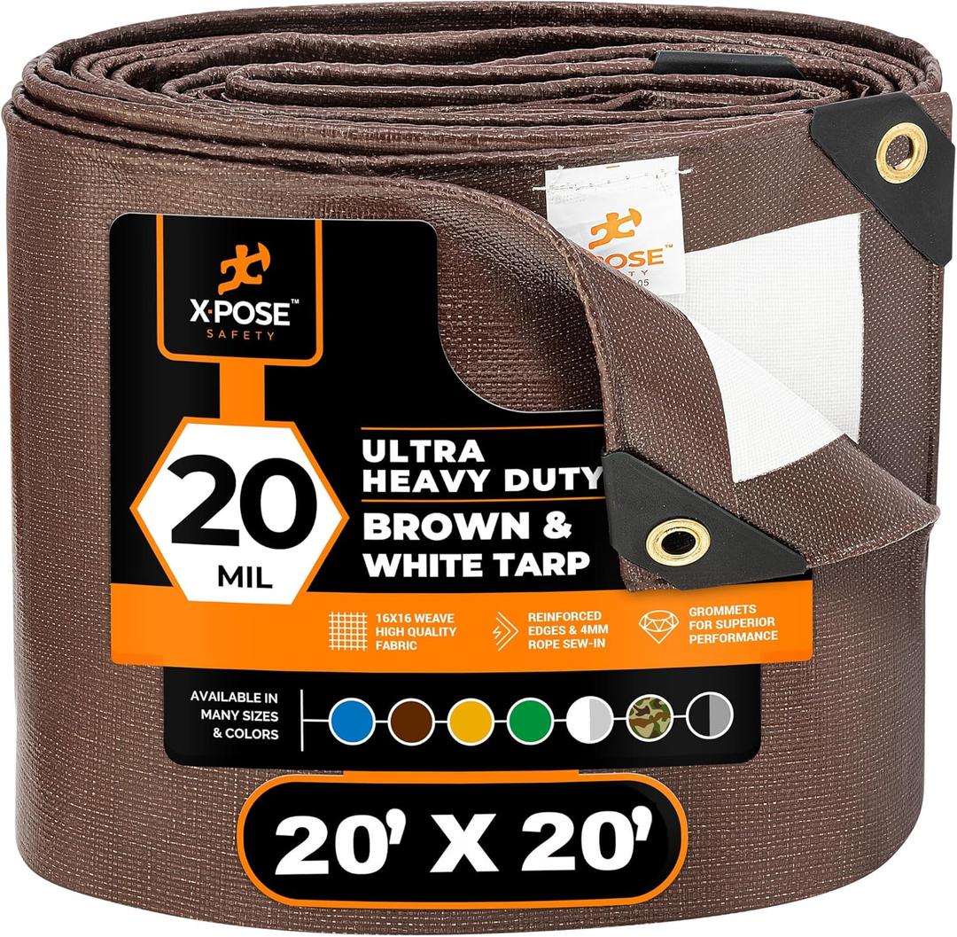 20' x 20' Ultra Heavy Duty Brown/White Tarp - 20 Mil, Waterproof, UV Protection, Reinforced Corners - Extra Large Outdoor Tarp Cover for Rain, Camping, Tent