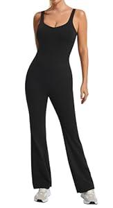 AFITNE Workout Jumpsuits for Women Padded with Built in Bra Flare One Piece Yoga Strappy V neck Athletic Long Pants (Black, XL)