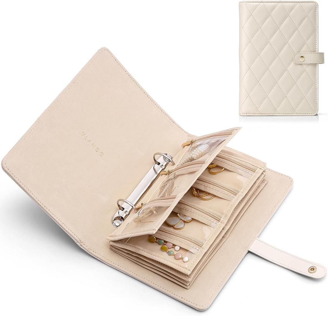 Vlando Teacher Gifts for Women, Travel Jewelry Organizer Case, Jewelry Storage Book Ring Binder with Clear Zipper Velvet Jewelry Pouches Bags for Rings, Necklace, Earrings-Cream White