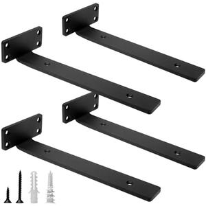 HITOMEN Heavy Duty Floating Shelf Brackets, 10-Inch (1/5'' Thick) Hidden Shelves Hardware, Iron L Brackets, Rustic Industrial Black Metal Wall Shelving Supports, Count of 3