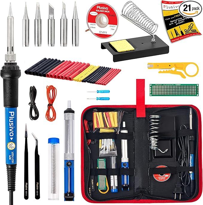 Soldering Iron Kit, 60W Soldering Iron, 5 Soldering Iron Tips, 21-in-1 Adjustable Temperature, Solder Wire, Stand, Desoldering Pump, Soldering Welding Iron Kit for Electronics Hobby DIY 110V US Plug