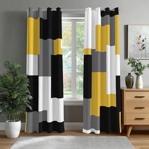 Blackout Curtains for Bedroom Yellow and White Black Out Curtains for Living Room Modern Geometric Abstract Room Darkening Window Drapes (52 x 63 - Inch,Yellow Plaid)