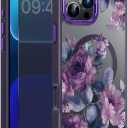 Goodon for iPhone 16 Pro Case with Privacy Screen Protector, Compatible with Magsafe, Shockproof Translucent Matte Cover - Cute Floral Design Phone Case for Women and Girls - Purple Blossoms