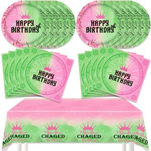 41Pcs Witch Princess Party Decorations Pink and Green Tablecloth Witch Princess Birthday Party Plates Napkins Pink and Green Party Supplies