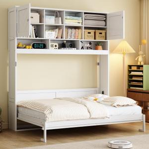 Ball & Cast Hideaway Bed Queen Size Murphy Bed with Ample Storage,Space-Saving Wall-Mounted Design Cabinets Bedframe w/Chevron Stripes,Hydraulic Lift System,for Apartment,White