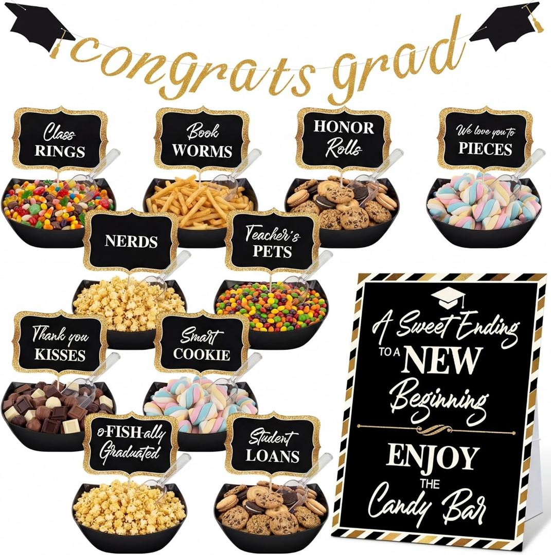 Meanplan 34 Pcs 2026 Graduation Candy Bar Party Decoration Graduation Candy Bar Party Supplies Buffet Plastic Bowls Spoons Congrats Grad Banner Buffet Sign Snack Labels for High School College, Black