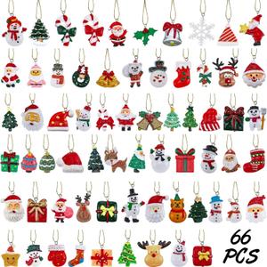 WILLBOND 66 Pieces Mini Resin Christmas Ornaments Christmas Tree Ornament with 65.6 Feet Gold Embroidery Thread for Xmas Hanging Decoration