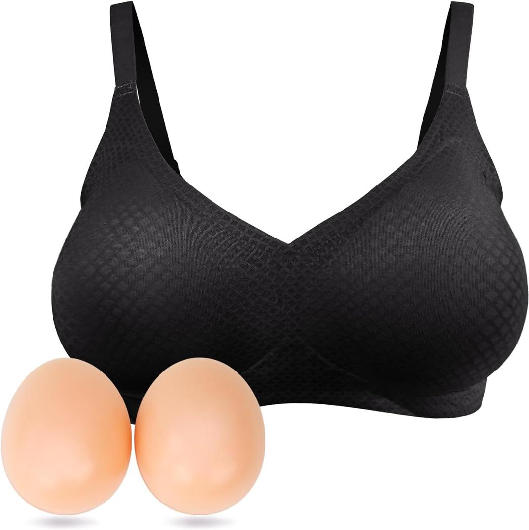 Mastectomy Bra with Breast Prosthesis Wireless Post-Surgery Pocket Bra for Breast Forms Enhancement Inserts (Large, Black)