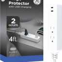 GE 2 USB C Extension Cord Power Strip, 2 Outlets, 4 Ft Braided Cord, Flat Plug, 245 Joules, 12W Charging Power, 16AWG, White, 87434