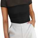 REORIA Women's Sexy Mock Turtle Neck Short Sleeve Shirts Sheer Mesh Ruched Trendy Going Out Bodysuits Tops, Size L