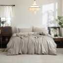 FOSSA Duvet Cover Set 100% Washed Cotton Linen Feel Super Soft Breathable Cozy 3 Pieces Bedding Sets Solid Cream Grey Queen (Beige Grey (No Comforter))