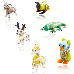 6Pcs Hand Blown Glass Figurines Includes Christmas Reindeer, Birds, Giraffes, Bees, Chameleon, Elephant Glass Figurines for Collectibles, Home Decoration, Gifts