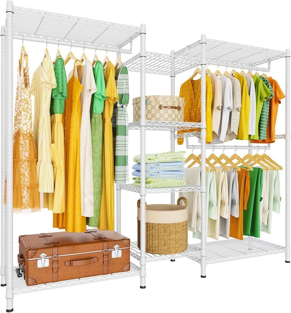 LEHOM G6M Heavy Duty Clothes Rack for Hanging Clothes, Portable Garment Rack Compact Size Closet Organizer, Freestanding Metal Clothing Rack Wardrobe Closet with Storage Shelves for Bedroom, White